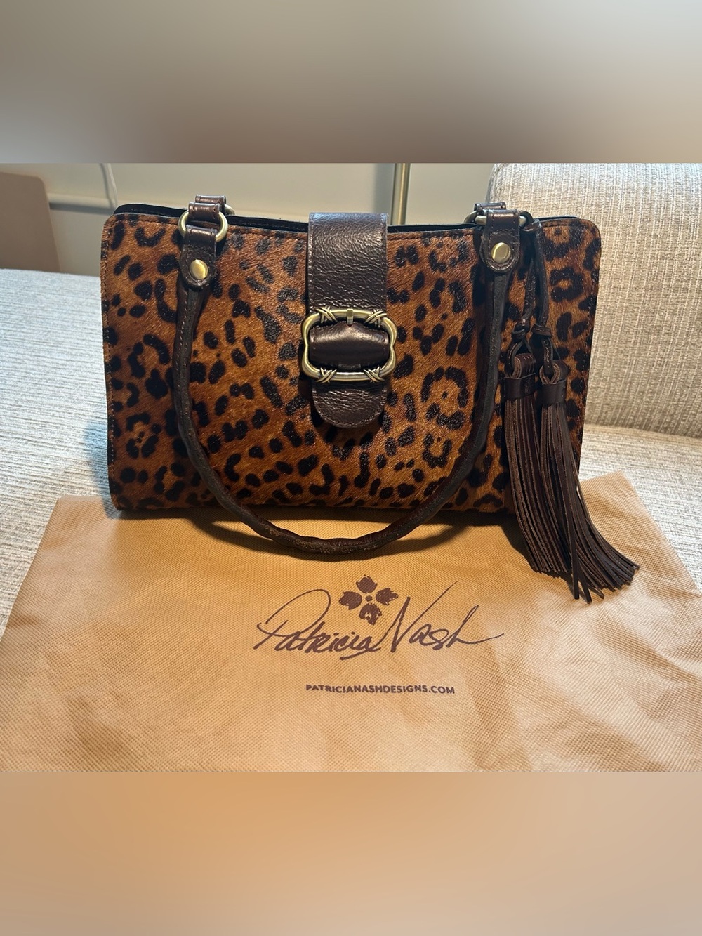 Patricia Nash Leopard Haircalf Shoulder Bag with Dark Brown Trim and Tassel